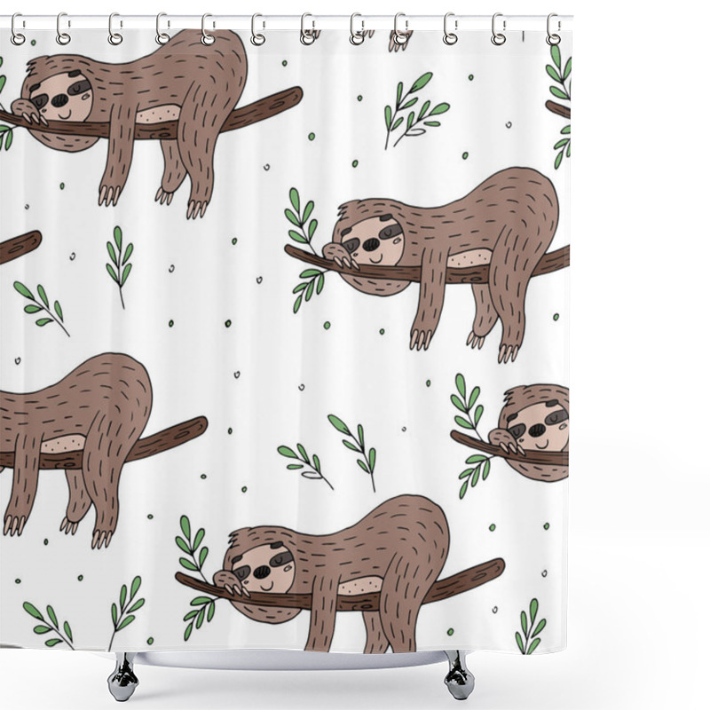 Personality  Seamless Pattern With Cute Doodle Sloth Print Shower Curtains