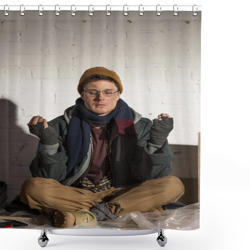 Personality  Homeless Man Sitting In Lotus Pose With Closed Eyes Near White Brick Wall Shower Curtains