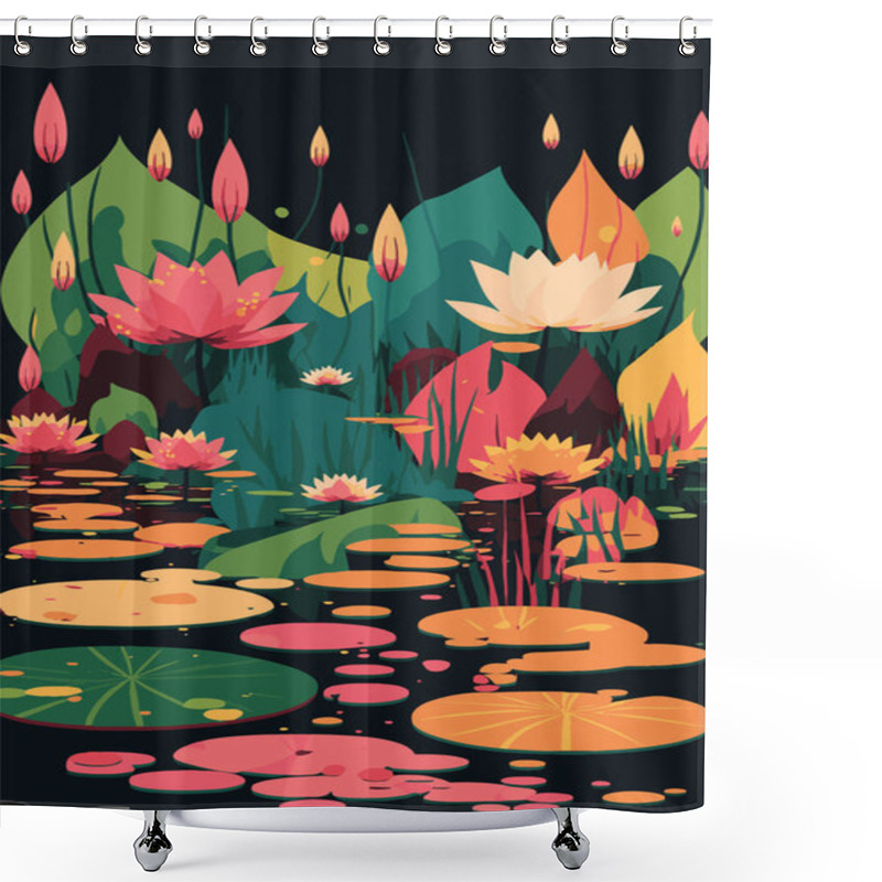 Personality  Illustration Of Lotus Lily Water Flower And Leaf On Water Lake Or Pond Nature Background Wallpaper Shower Curtains