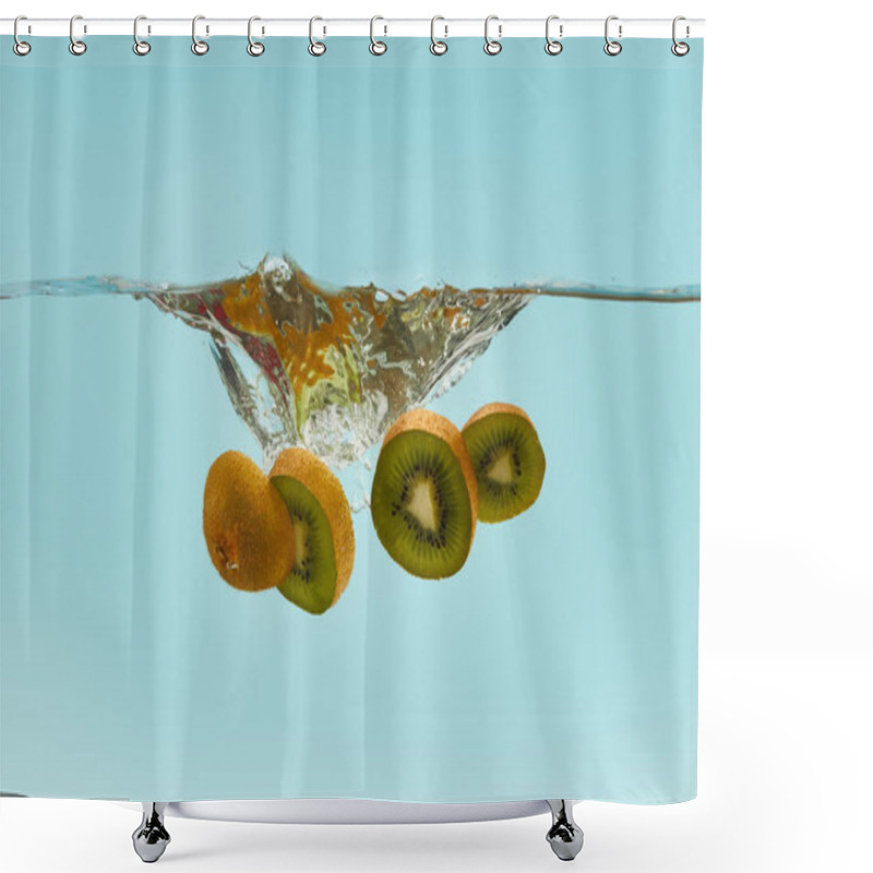 Personality  Fresh Kiwi Slices Falling Deep In Water With Splash On Blue Background Shower Curtains