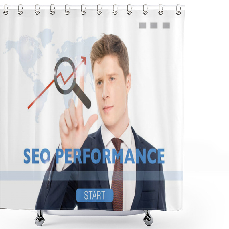 Personality  Successful Businessman In Suit Pointing With Finger At Seo Performance Illustration On White Background Shower Curtains