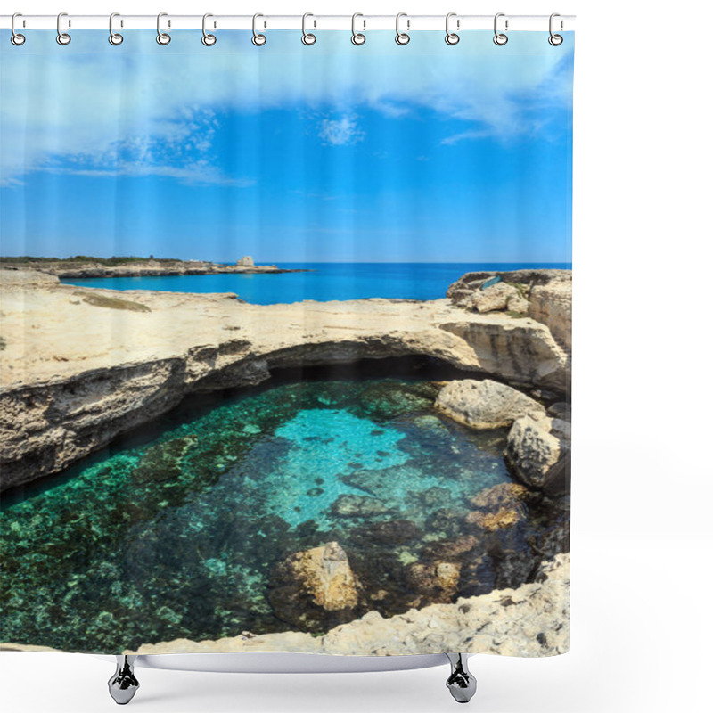 Personality  Picturesque Seascape With White Rocky Cliffs, Caves, Sea Bay And Islets At Grotta Della Poesia, Roca Vecchia, Salento Adriatic Sea Coast, Puglia, Italy. Two Shots Stitch Image. Shower Curtains