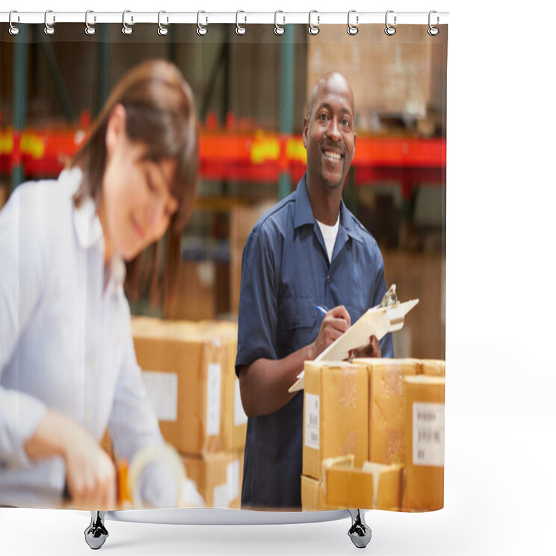 Personality  Workers In Warehouse Preparing Goods For Dispatch Shower Curtains