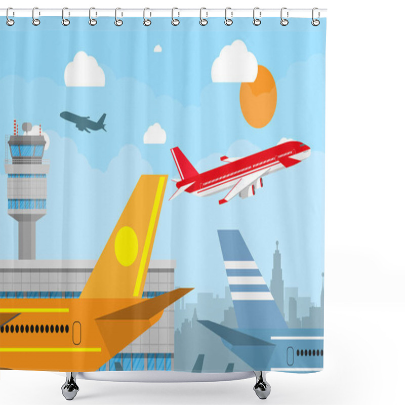 Personality  Airport Control Tower And Flying Airplane Shower Curtains