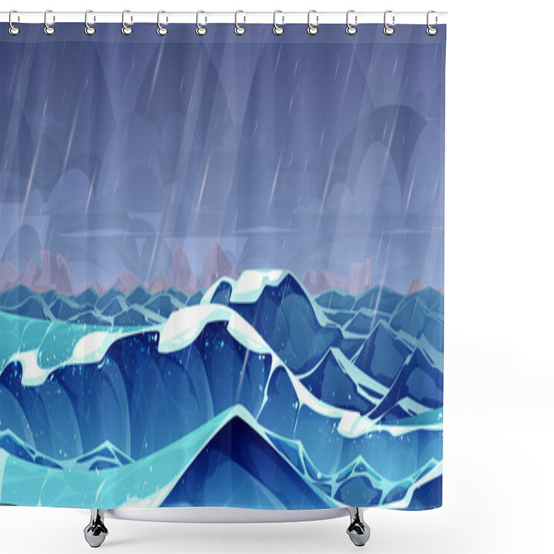 Personality  Cartoon Storm Sea Vector Background Illustration. Ocean Water Wave Landscape With Cloud In Sly And Rain Disaster. Stormy Seawater Disaster Scene. Dark Dramatic Marine Nature With Scary Foam Splash Shower Curtains