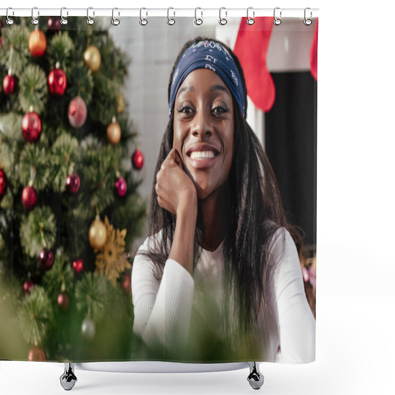 Personality  Portrait Of Smiling Attractive African American Woman Looking At Camera At Home, Christmas Concept Shower Curtains