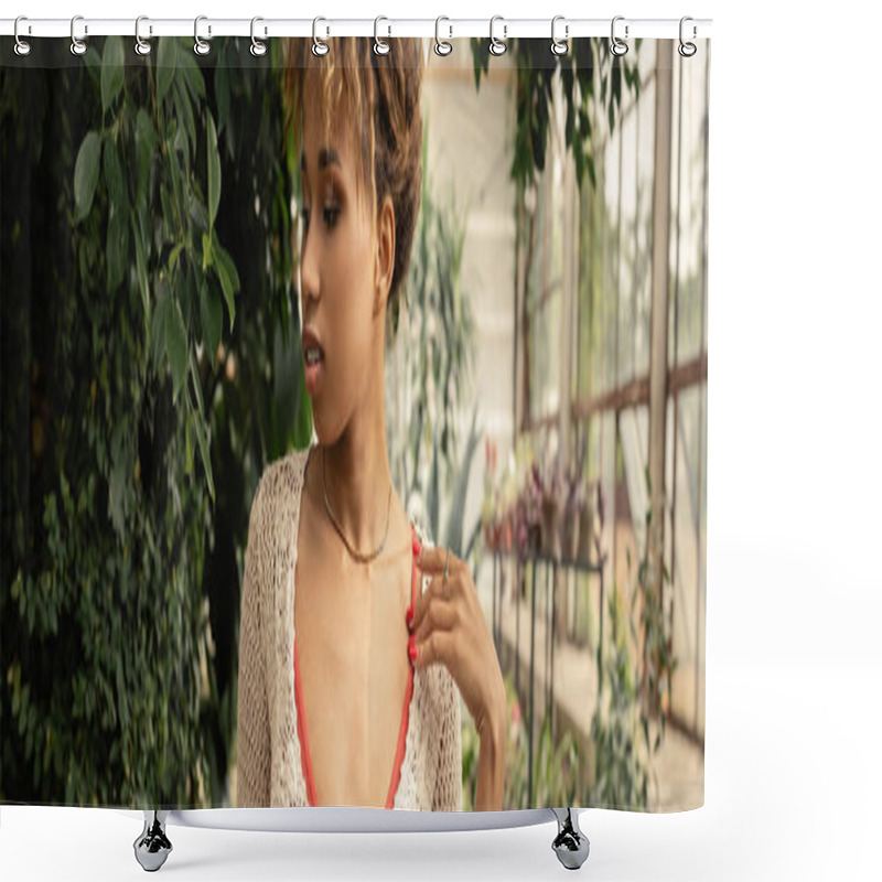 Personality  Young African American Woman With Natural Hear Wearing Knitted Top And Touching Shoulder While Standing In Blurred Garden Center, Fashion-forward Woman With Tropical Plants At Backdrop, Banner  Shower Curtains