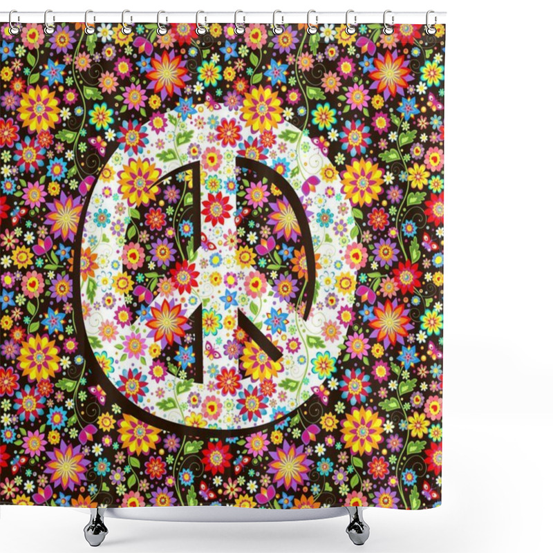 Personality  Hippie Wallpaper With Flowers Print And Peace Symbol Shower Curtains