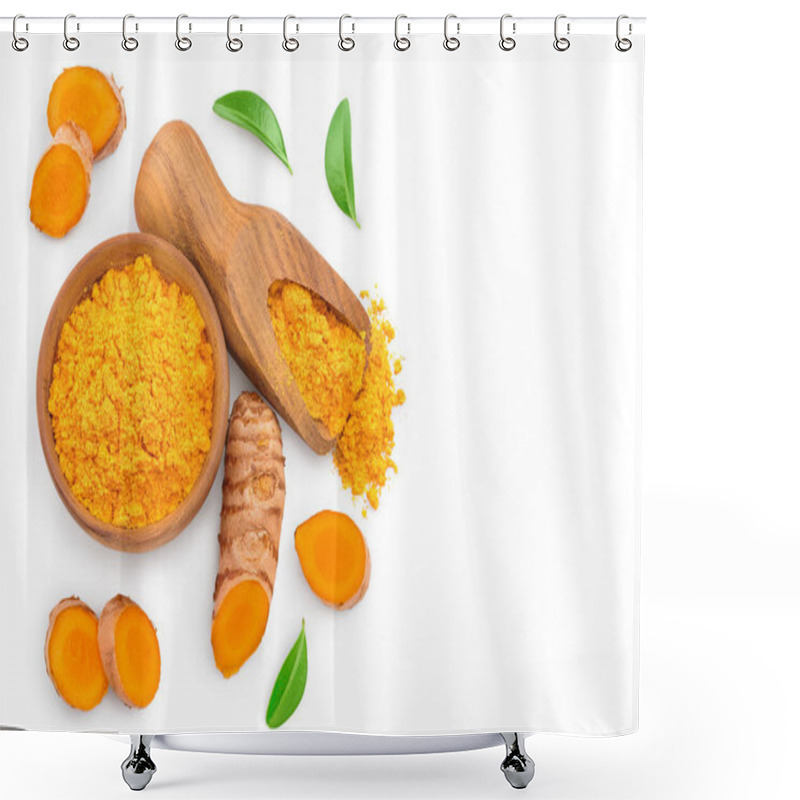 Personality  Turmeric Powder And Turmeric Root Isolated On White Background With Copy Space For Your Text. Top View. Flat Lay Shower Curtains