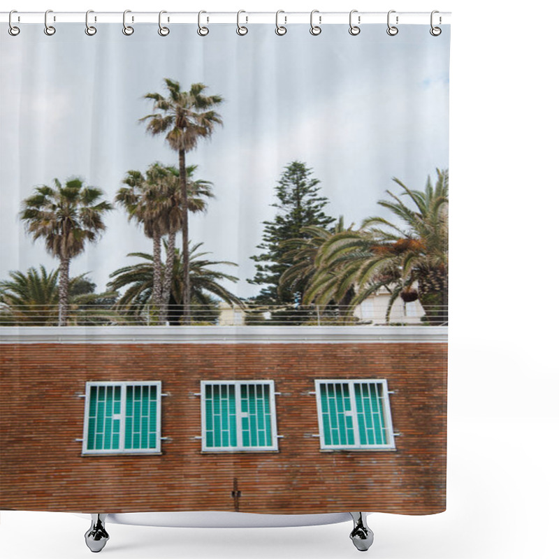 Personality  Facade Of House With Shuttered Windows In Front Of Palms, Anzio, Italy Shower Curtains