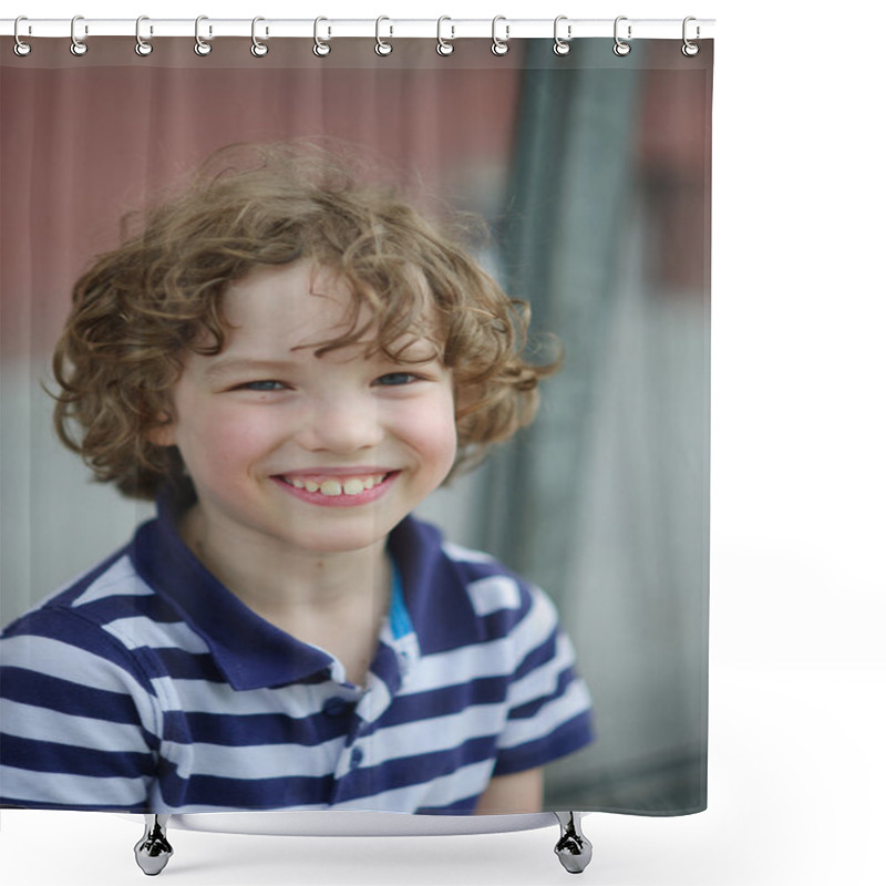 Personality  Cute Little Boy In A Striped Shirt Is Smiling Cheerfully. Shower Curtains