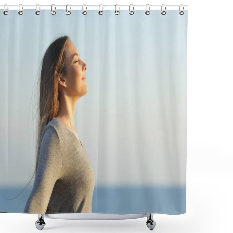 Personality  Side View Portrait Of A Relaxed Woman Breathing Fresh Air On The Beach Shower Curtains