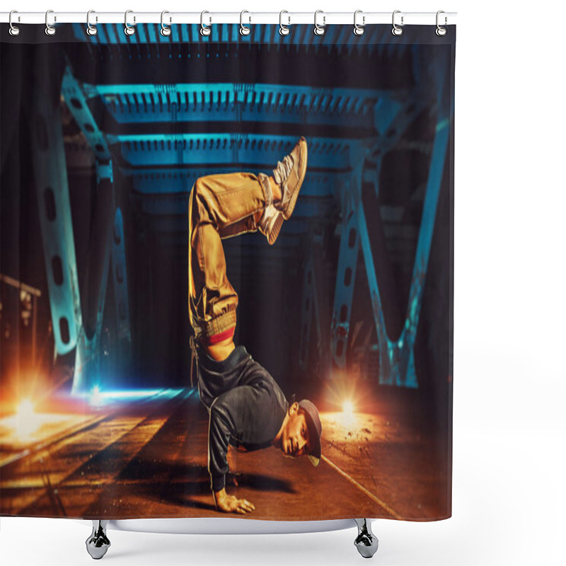 Personality  Young Cool Man Break Dancer Standing On Hands Upside Down. Urban Bridge With Cool And Warm Lights Background. Shower Curtains