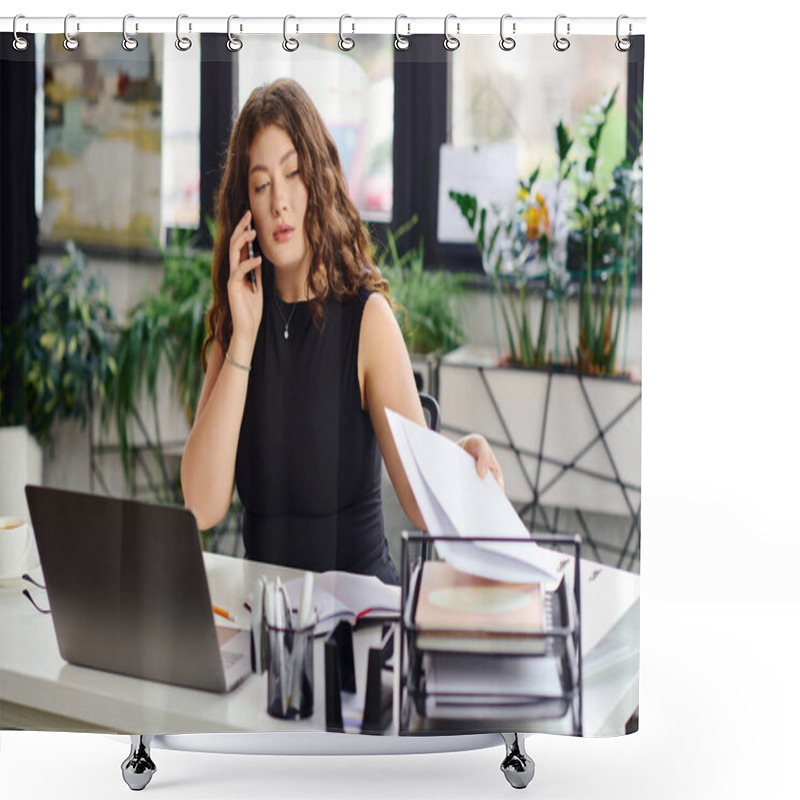 Personality  A Young, Plus Size Woman Engages In A Phone Conversation While Managing Documents In A Bright Office. Shower Curtains