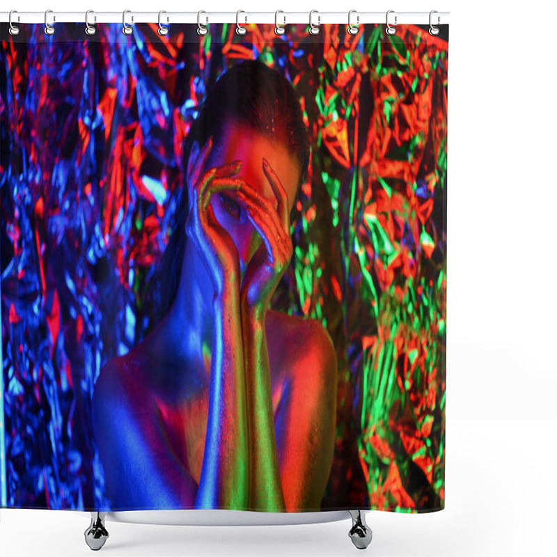 Personality  Young Fashion Teen Girl In Fur Glasses Looking Forward Illuminated With Street Neon Blue Pink Sign, Millennial Woman With Beautiful Face In Trendy Night Light Glow Back To 80s, Profile Side Portrait Shower Curtains