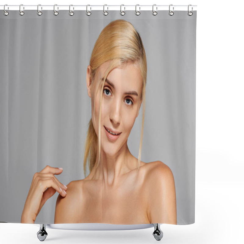 Personality  Pretty Blonde Girl With Gentle Look Smiles Lightly And Touching Shoulder With Hand On Gray Backdrop Shower Curtains