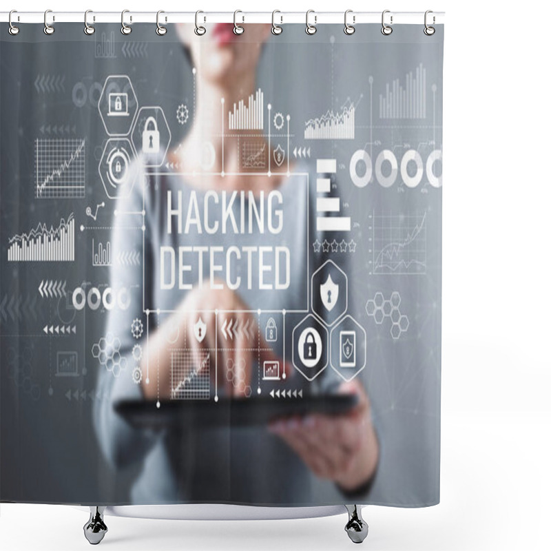 Personality  Hacking Detected With Woman Using A Tablet Shower Curtains