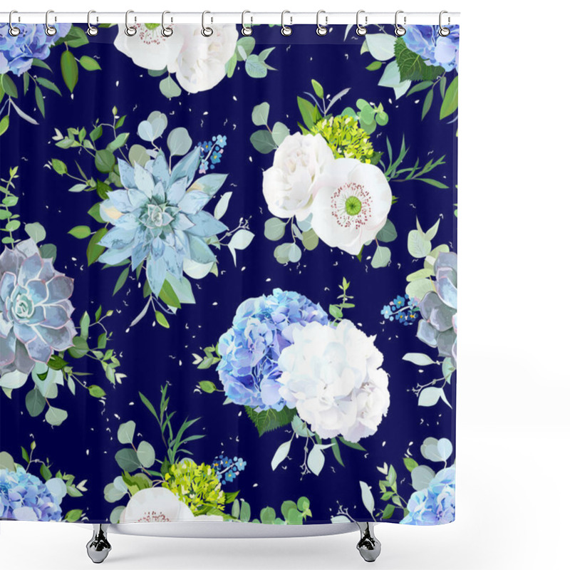 Personality  Summer Flowers On Navy Blue Seamless Vector Design Print. Shower Curtains