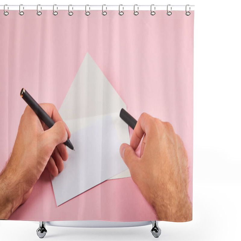 Personality  Cropped View Of Man Writing With Pen On White Empty Card Near Envelope On Pink Background Shower Curtains