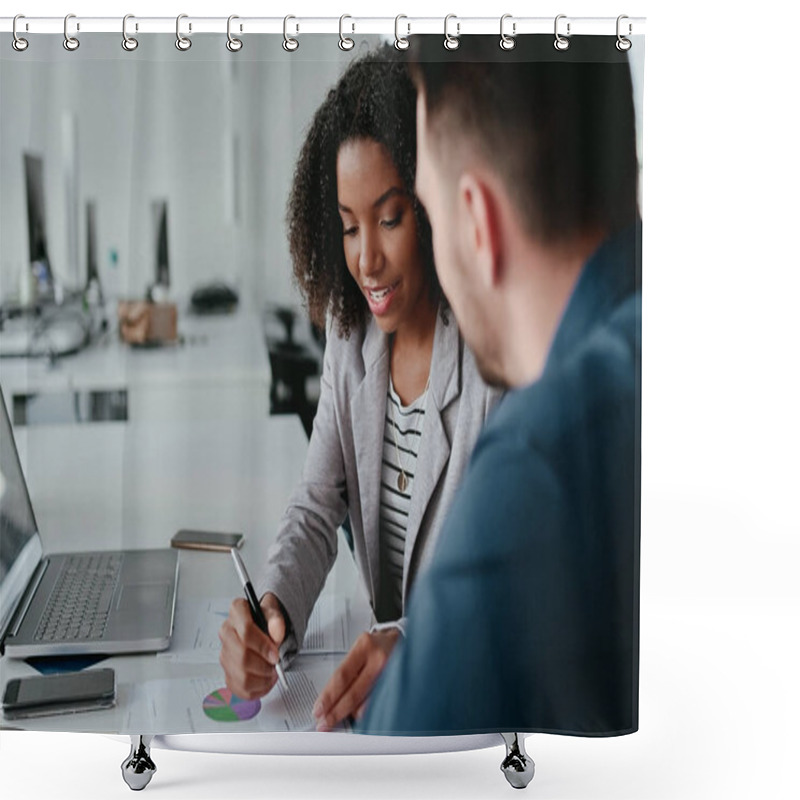 Personality  Close-up Of Young Female Executive Discussing Business Plan To Her Colleague With Graph And Chart On Desk Shower Curtains