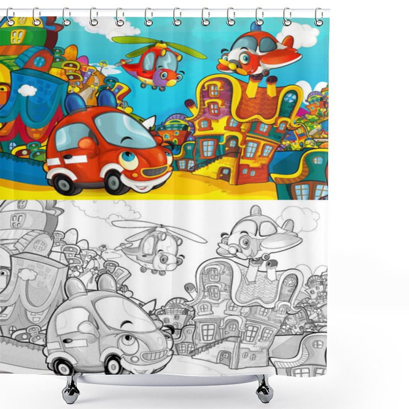 Personality  Cartoon Fire Brigade Car Smiling And Looking In The Parking Lot / Helicopter Plane Flying Over - Illustration For Children Shower Curtains