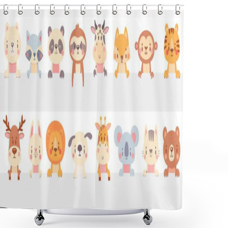 Personality  Cute Animals Look Out. Funny Animal Peeps Out, Hand Drawn Pet, Adorable Cat And Dog. Smiling Bear, Raccoon And Fox Vector Illustration Set Shower Curtains