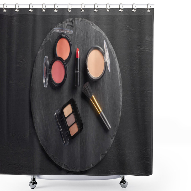 Personality  Template With Cosmetics And Brush On Round Slate Background Shower Curtains