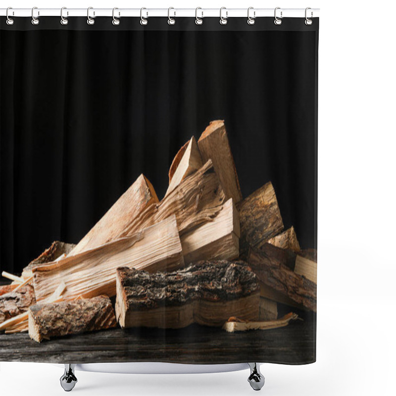 Personality  Cut Firewood On Table Against Black Background Shower Curtains