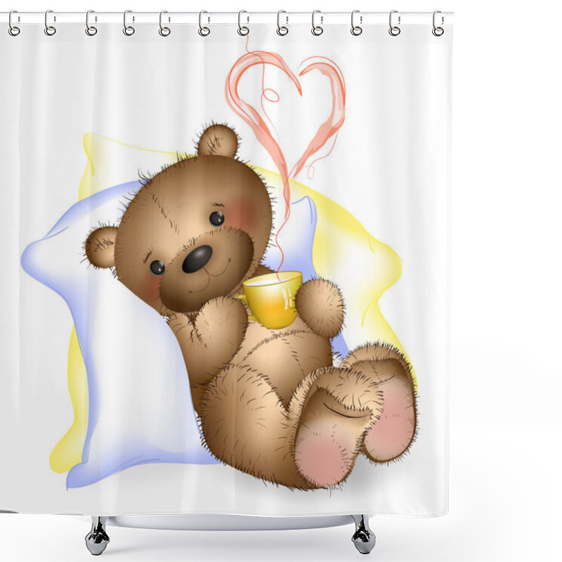 Personality  Happy Teddy Bear In The Pillows With A Mug 2 Shower Curtains