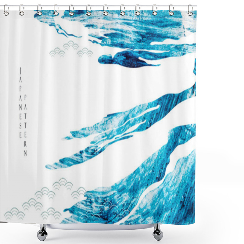 Personality  Abstract Landscape Art With Brush Stroke Vector. Japanese  Wave Icon And Pattern With Blue Watercolor Painting  Texture In Vintage Style.  Shower Curtains