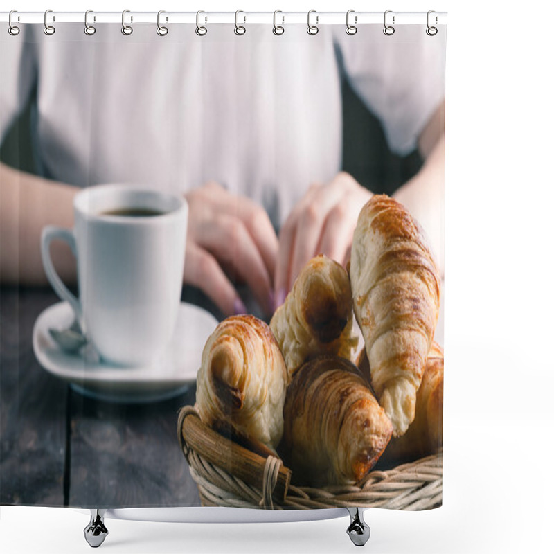 Personality  Basket With Tasty Fresh Croissants And Hot Morning Cup Of Coffee Shower Curtains