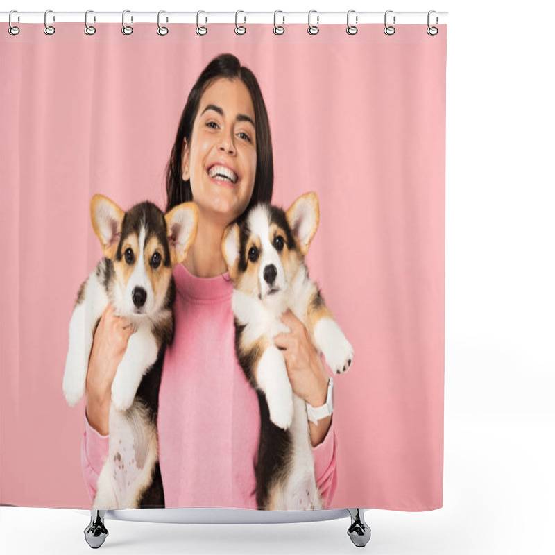 Personality  Beautiful Happy Girl Holding Welsh Corgi Puppies, Isolated On Pink Shower Curtains