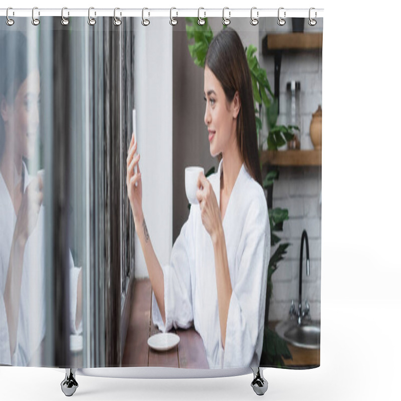 Personality  Smiling Young Adult Woman In Bathrobe Taking Selfie On Cellphone Near Window In Modern Loft, Banner Shower Curtains