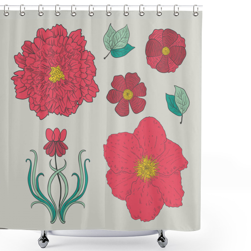 Personality  Set Of Hand Drawing Green Leaves, Pink And Red Flowers  Shower Curtains