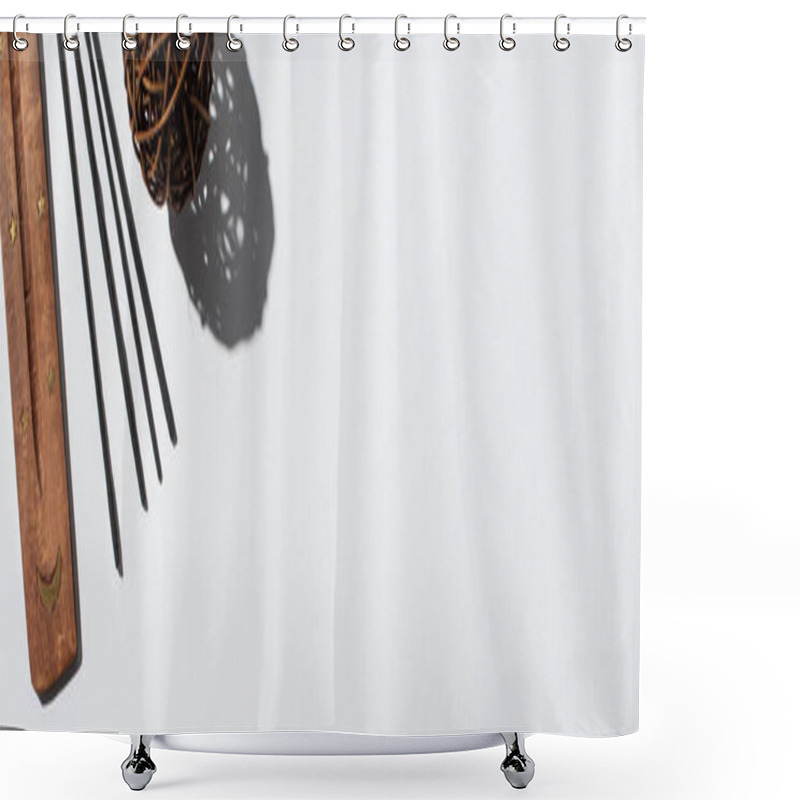 Personality  Top View Of Aroma Sticks, Wooden Stand And Decorative Ball On White Background, Panoramic Shot Shower Curtains