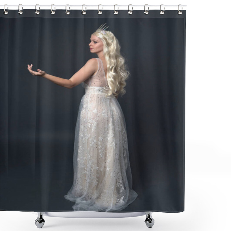 Personality  Full Length Portrait Of Beautiful Women With Long Blonde Hair, Wearing Fantasy  Princess Crown And Elegant White Ball Gown, Standing Pose With Hand Gesture. Isolated On Dark Grey Studio Background. Shower Curtains