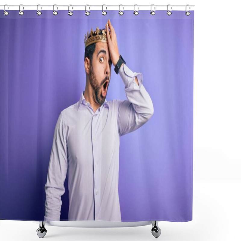 Personality  Young Handsome Man With Beard Wearing Golden Crown Of King Over Purple Background Surprised With Hand On Head For Mistake, Remember Error. Forgot, Bad Memory Concept. Shower Curtains