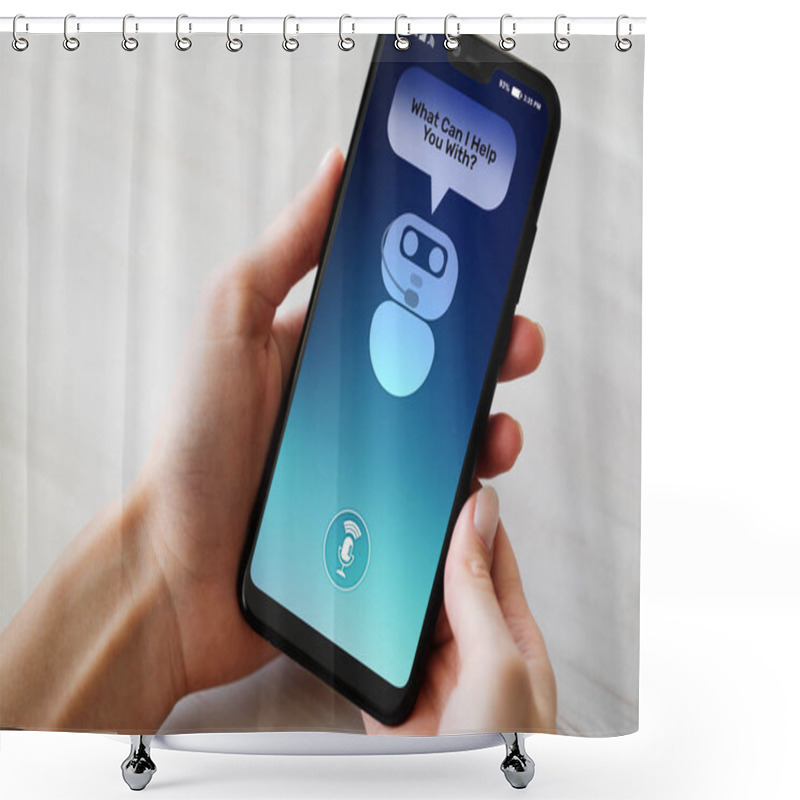 Personality  Customer And Chatbot Dialog On Smartphone Screen. AI. Artificial Intelligence And Service Automation Technology Concept. Shower Curtains