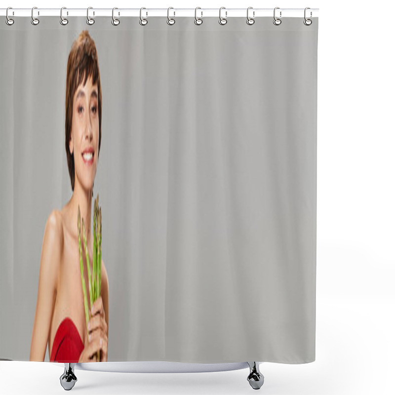 Personality  A Young Woman In A Radiant Red Dress Holds A Bunch Of Fresh Asparagus. Shower Curtains