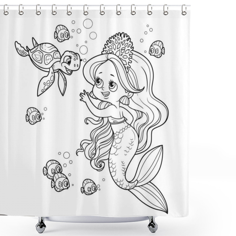 Personality  Cute Little Mermaid Girl In Coral Tiara Communicates With A Small Sea Turtle Outlined For Coloring Page Isolated On White Background Shower Curtains