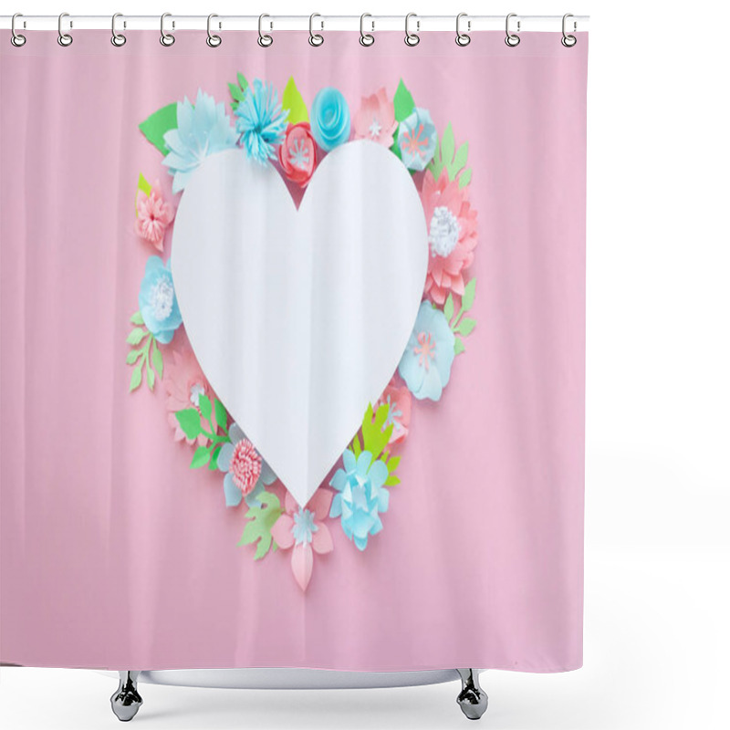 Personality  Heart Frame With Paper Flowers With Green Leaves On Pink Background. Cut From Paper. Valentines Day Concept Shower Curtains