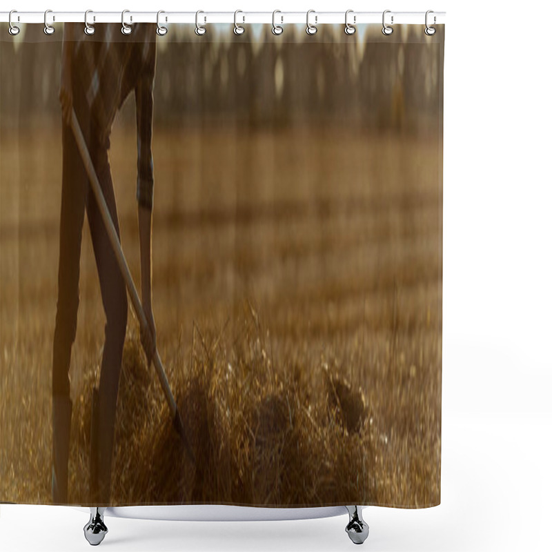 Personality  Panoramic Shot Of Self-employed Man Holding Rake With Hay In Wheat Field  Shower Curtains