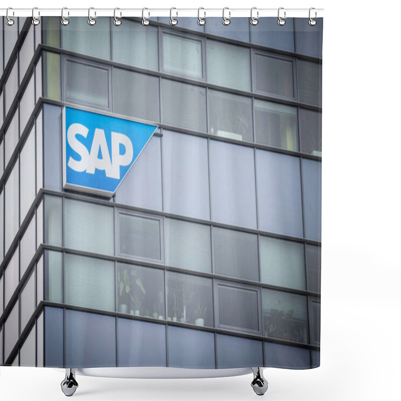 Personality  BRNO, CZECHIA - NOVEMBER 5, 2019: SAP Logo In Front Of Their Office For Brno. SAP Is A German Enterprise Software Development Specialized In CRM And ERP Solutions For Corporate Clients Shower Curtains