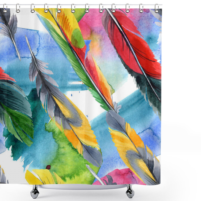 Personality  Colorful Bird Feather From Wing Isolated. Watercolour Drawing Fashion Aquarelle. Fabric Wallpaper Print Texture. Shower Curtains