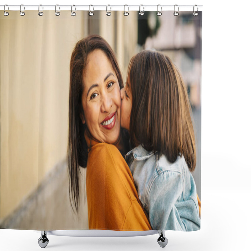 Personality  Happy Filipina Mother With Her Daughter Having Tender Moments In The City Center - Lovely Family Outdoor Shower Curtains