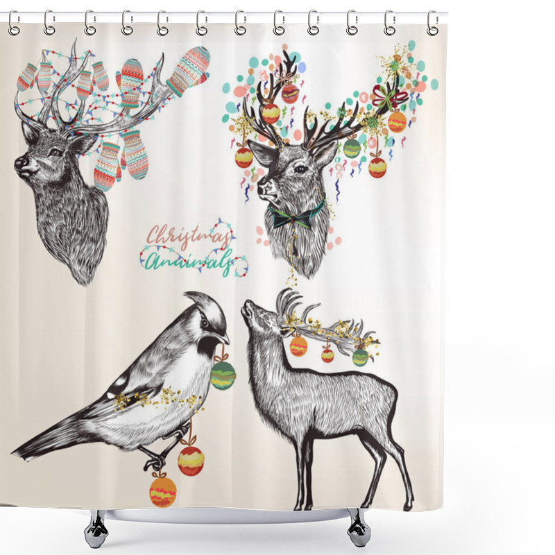 Personality  Collection Of Vector Detailed Christmas Animals And Birds Shower Curtains