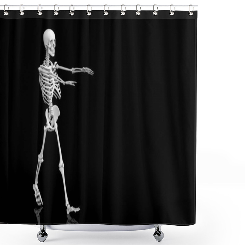 Personality  3d Rendering. Walking Ghost  Human Skull Skeleton Bones On Black Background. Horror Halloween Concept. Shower Curtains