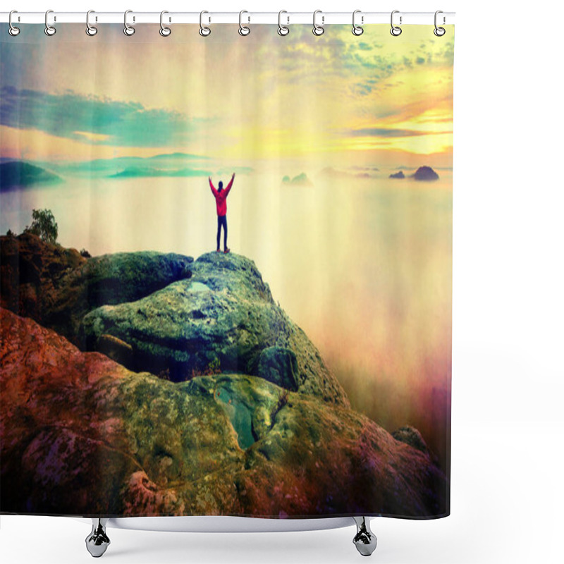 Personality   Man Watch Over Misty And Autumnal Morning Valley To Bright Morning Sun.  Shower Curtains