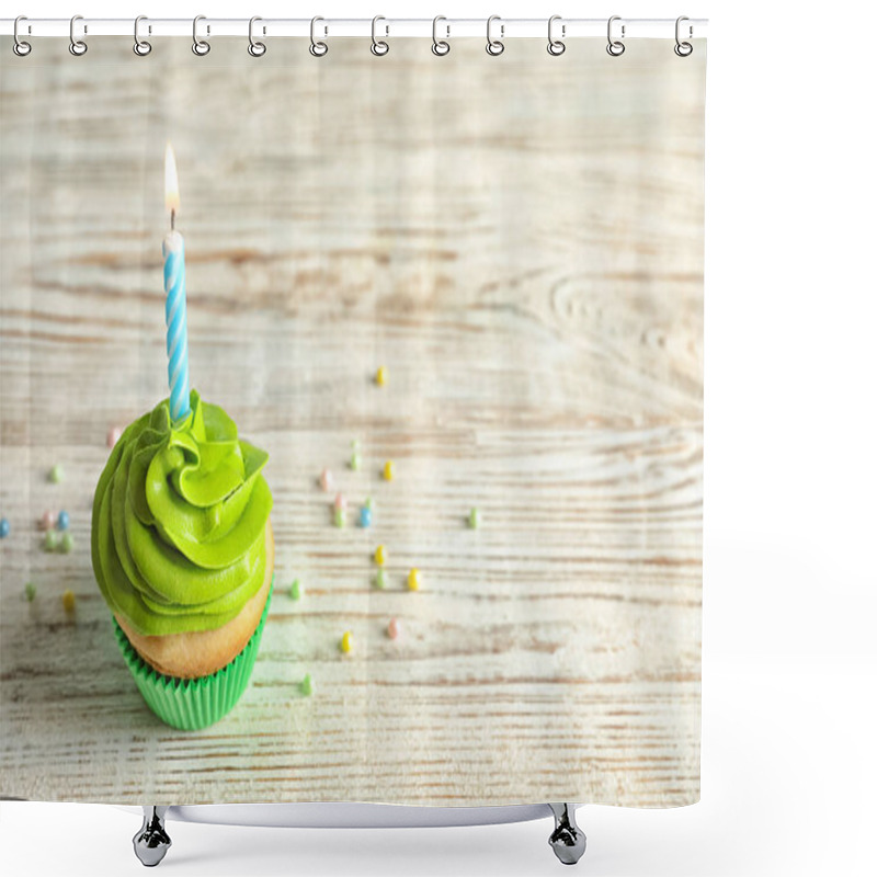 Personality  Delicious Birthday Cupcake With Burning Candle On Wooden Table Shower Curtains