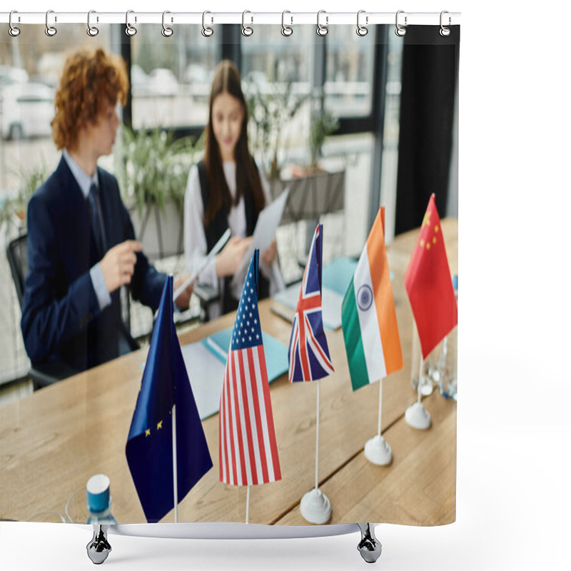 Personality  Teenagers Participate In A UN Model Simulation With Flags Representing Various Countries. Shower Curtains